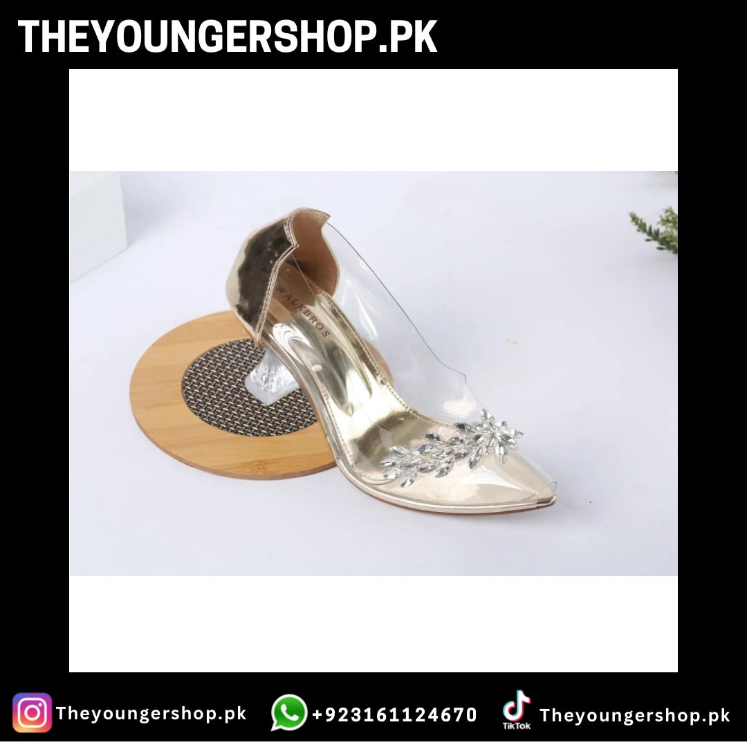 THEYOUNGERSHOP TRANSPARENT CRYSTAL CINDERELLA GLASS HEEL SHOES - GOLDEN