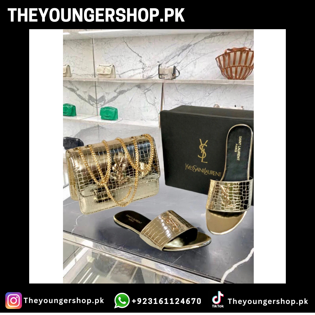 THEYOUNGERSHOP ULTIMATE LUXURY COMBO DEAL - YSL CROSS BODY BAG & YSL SLIDES - GOLDEN