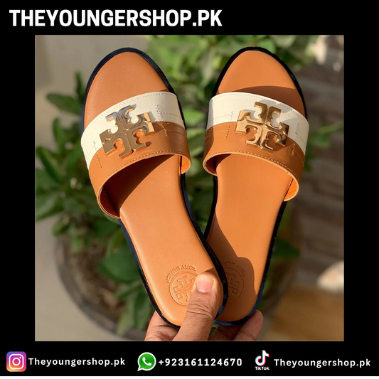 THEYOUNGERSHOP TB CASUAL SLIDES - BROWN & WHITE