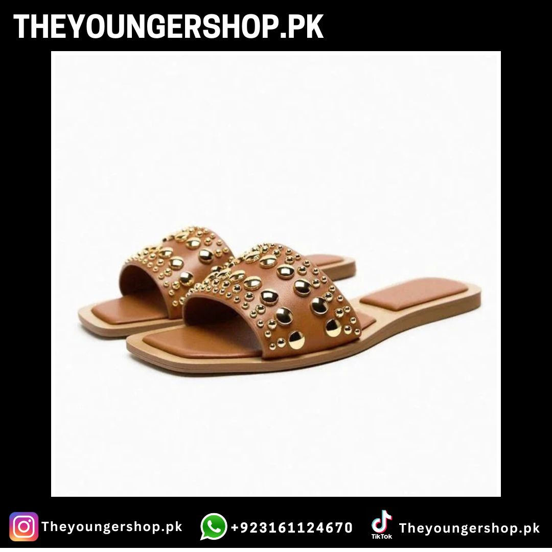 VINYL SLIDER SANDALS WITH STUDS - BROWN