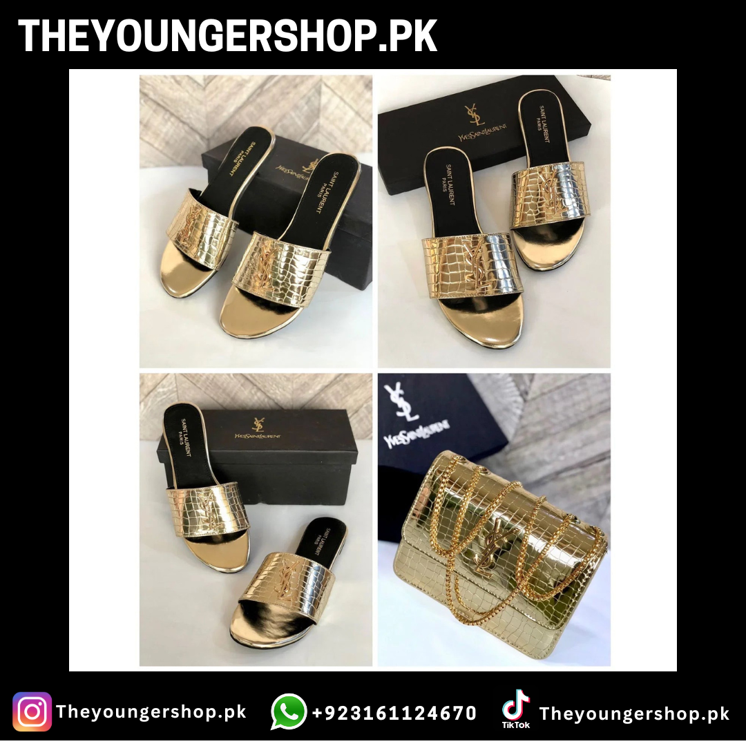 THEYOUNGERSHOP ULTIMATE LUXURY COMBO DEAL - YSL CROSS BODY BAG & YSL SLIDES - GOLDEN