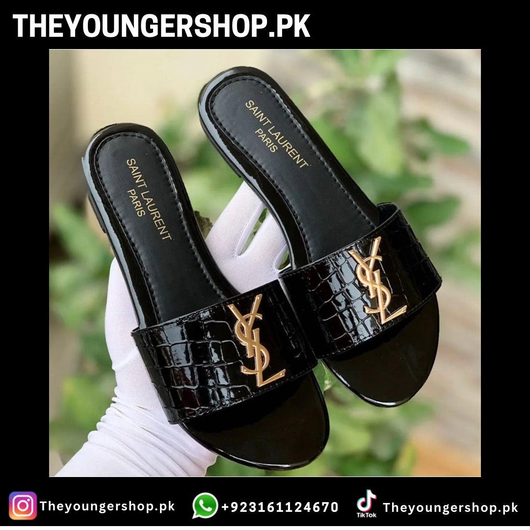 YSL CROCODILE SLIPPERS - BLACK