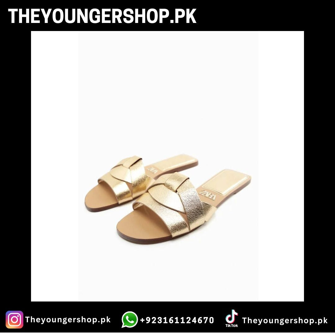 THEYOUNGERSHOP FLAT CRISS-CROSS LEATHER SLIDER SLIPPERS - GOLDEN