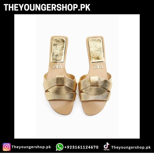 THEYOUNGERSHOP FLAT CRISS-CROSS LEATHER SLIDER SLIPPERS - GOLDEN