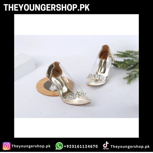 THEYOUNGERSHOP TRANSPARENT CRYSTAL CINDERELLA GLASS HEEL SHOES - GOLDEN