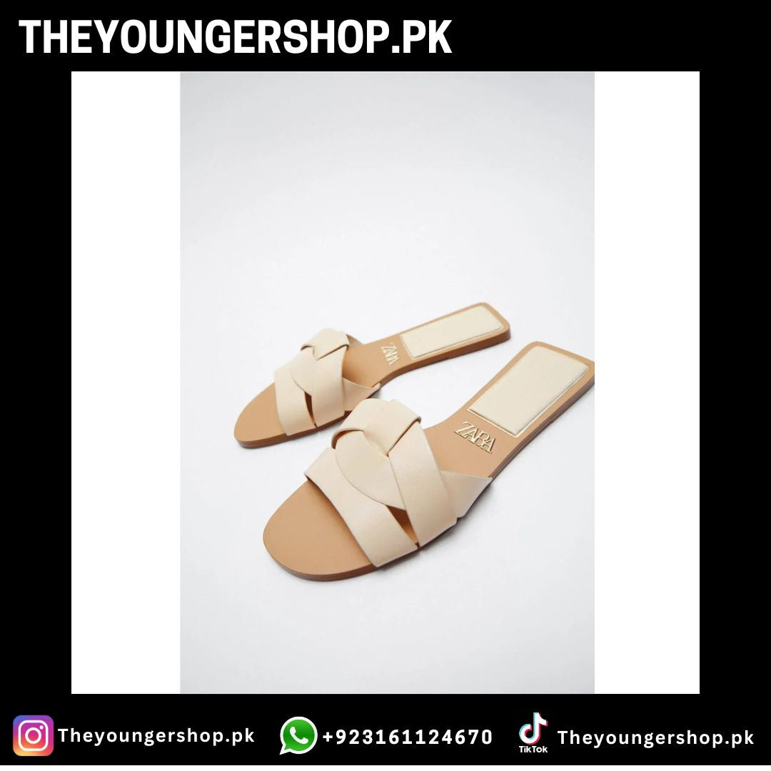 THEYOUNGERSHOP FLAT CRISS-CROSS LEATHER SLIDER SLIPPERS - BEIGE