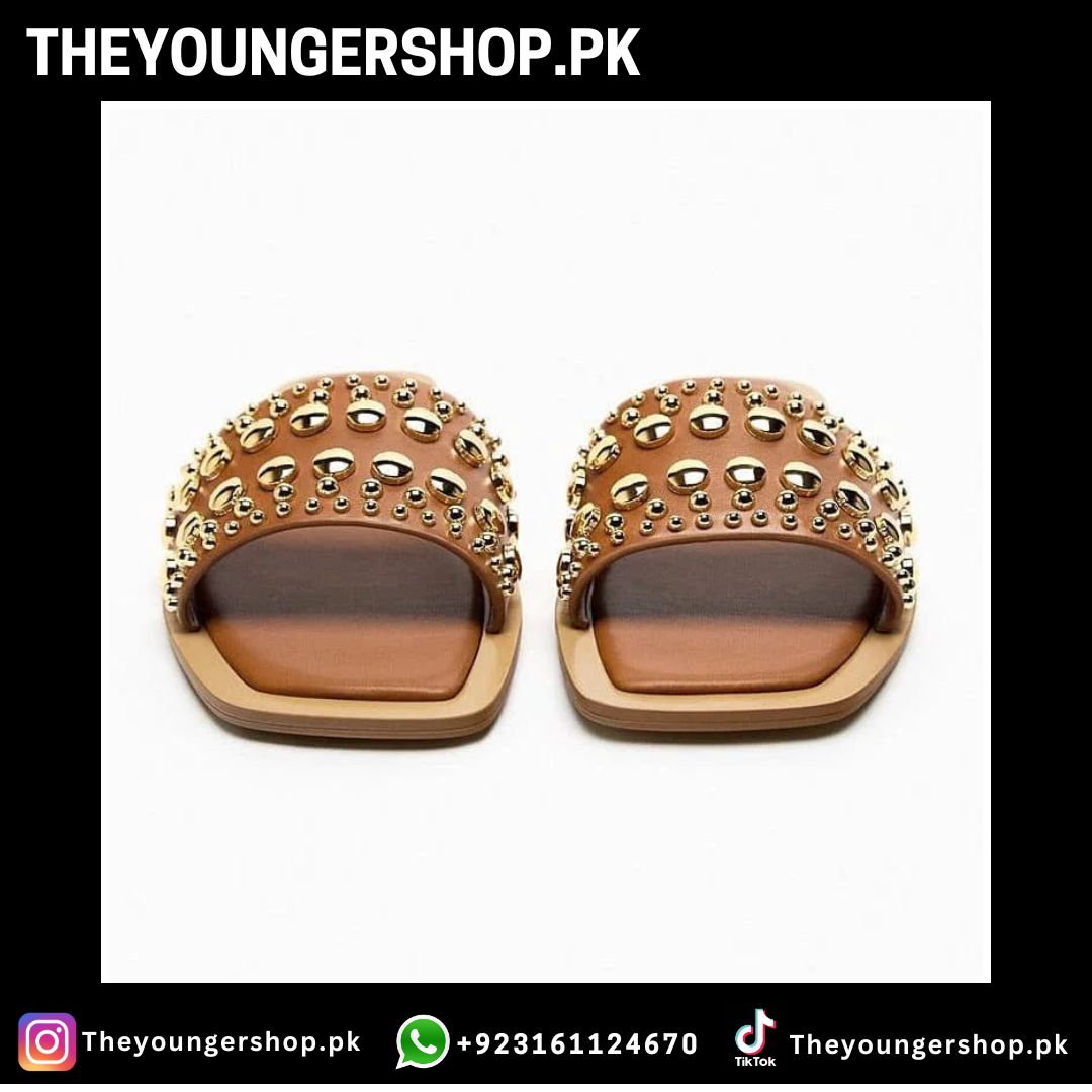 VINYL SLIDER SANDALS WITH STUDS - BROWN