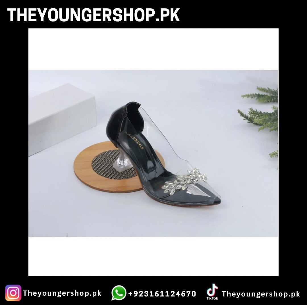 THEYOUNGERSHOP TRANSPARENT CRYSTAL CINDERELLA GLASS HEEL SHOES - BLACK