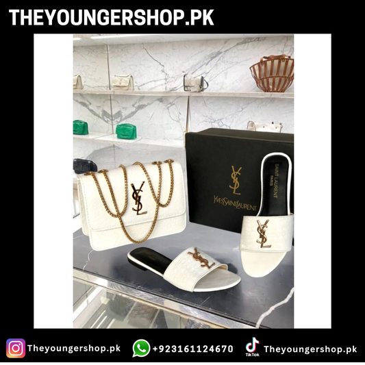 THEYOUNGERSHOP ULTIMATE LUXURY COMBO DEAL - YSL CROSS BODY BAG & YSL SLIDES - WHITE