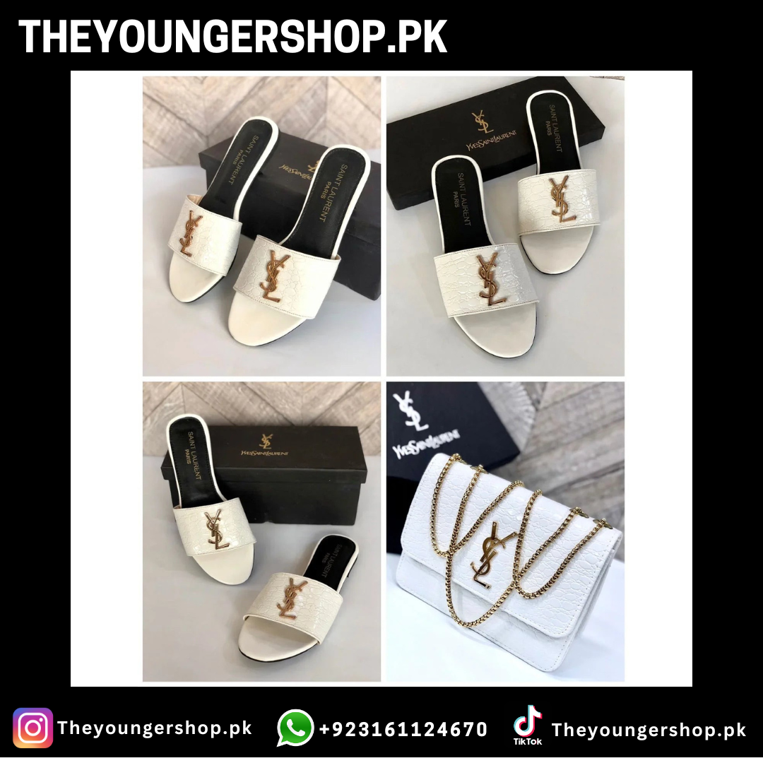 THEYOUNGERSHOP ULTIMATE LUXURY COMBO DEAL - YSL CROSS BODY BAG & YSL SLIDES - WHITE