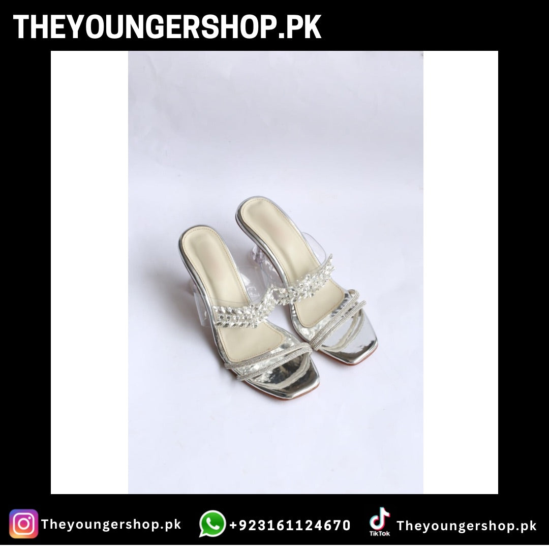 THEYOUNGERSHOP CRYSTAL FLOWER HEELS - SILVER