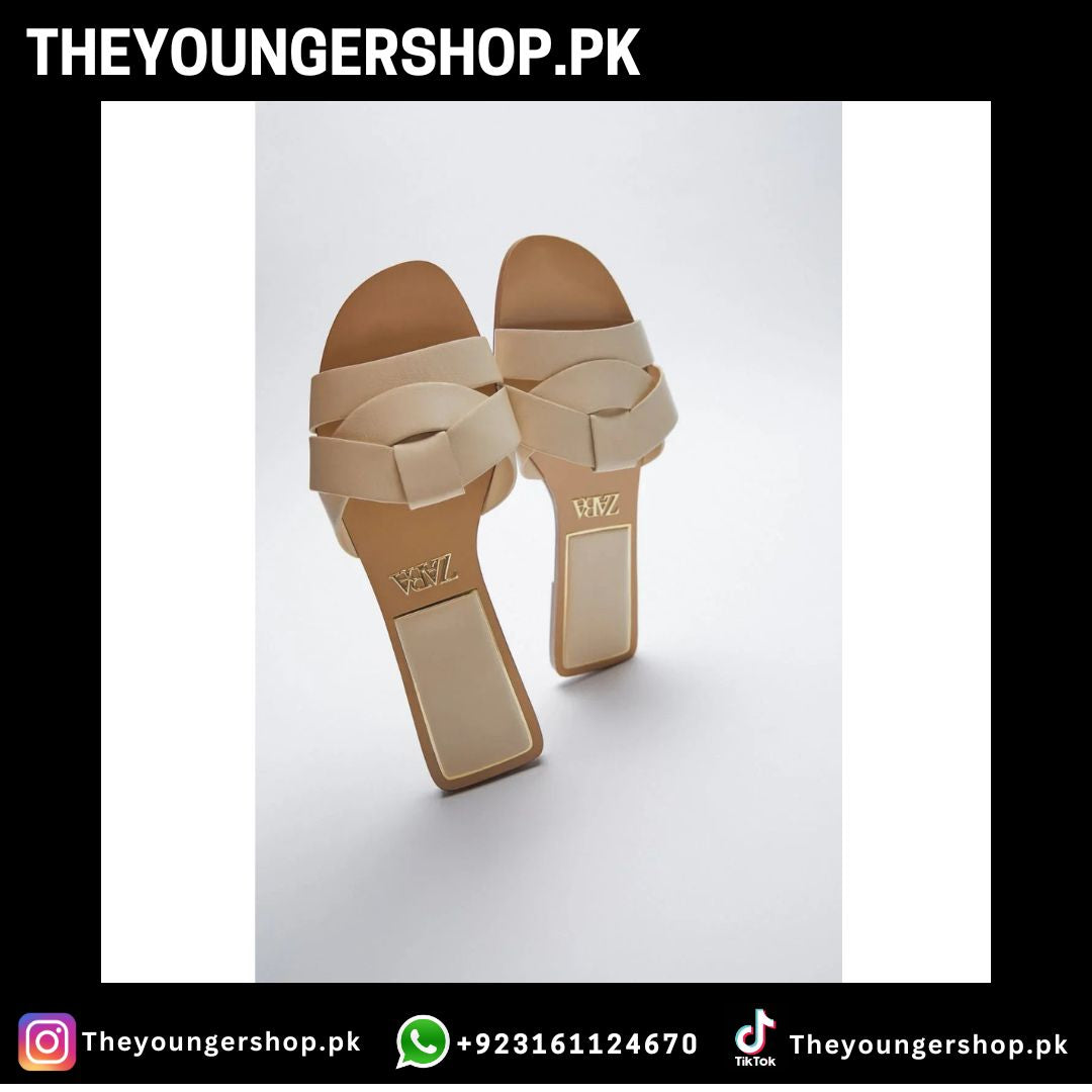 THEYOUNGERSHOP FLAT CRISS-CROSS LEATHER SLIDER SLIPPERS - BEIGE