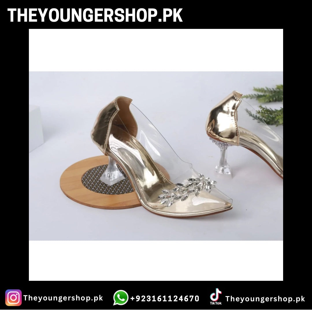 THEYOUNGERSHOP TRANSPARENT CRYSTAL CINDERELLA GLASS HEEL SHOES - GOLDEN