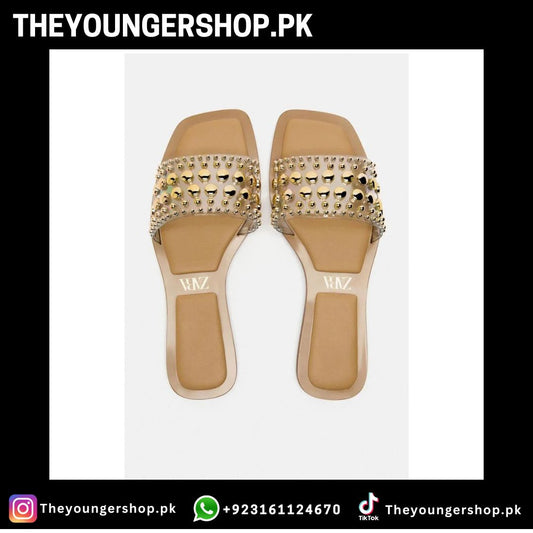 VINYL SLIDER SANDALS WITH STUDS - GOLDEN