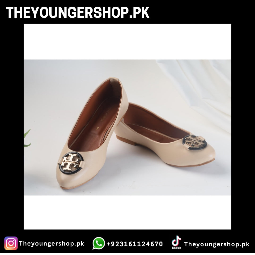 TORY BURCH CLAIRE BALLET FLAT PUMPS - BEIGE - THEYOUNGERSHOP.PK