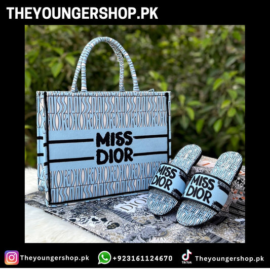 THEYOUNGERSHOP ULTIMATE LUXURY COMBO DEAL : MISS DIOR TOTE BAG & MISS DIOR SLIDES - BLUE