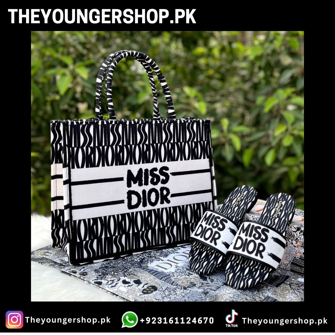 THEYOUNGERSHOP ULTIMATE LUXURY COMBO DEAL : MISS DIOR TOTE BAG & MISS DIOR SLIDES - BLACK