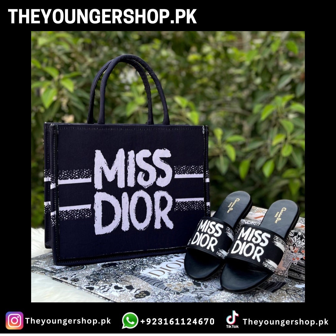 THEYOUNGERSHOP ULTIMATE LUXURY COMBO DEAL : MISS DIOR TOTE BAG & MISS DIOR SLIDES - FULL BLACK