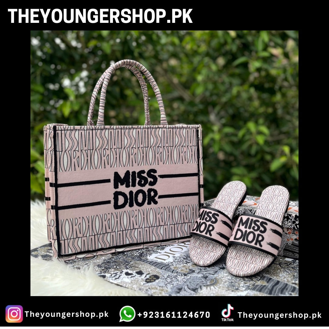 THEYOUNGERSHOP ULTIMATE LUXURY COMBO DEAL : MISS DIOR TOTE BAG & MISS DIOR SLIDES - PEACH